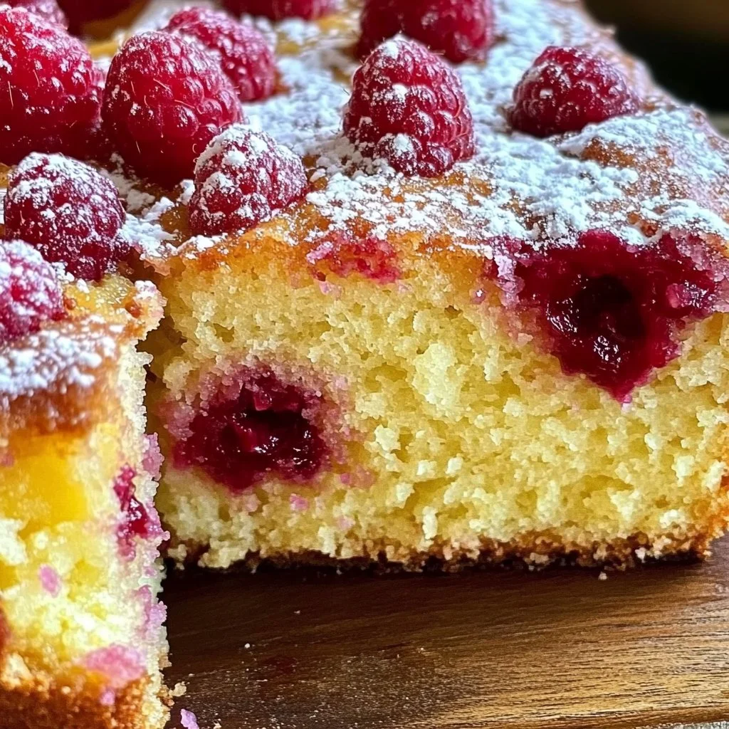 Lemon Raspberry Loaf with lemon zest and fresh raspberries on a wooden table.