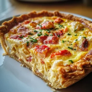 Delicious lobster quiche topped with herbs and creamy filling.
