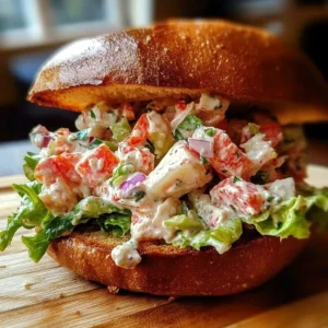 Delicious lobster salad sandwich with fresh ingredients served on a crusty roll.