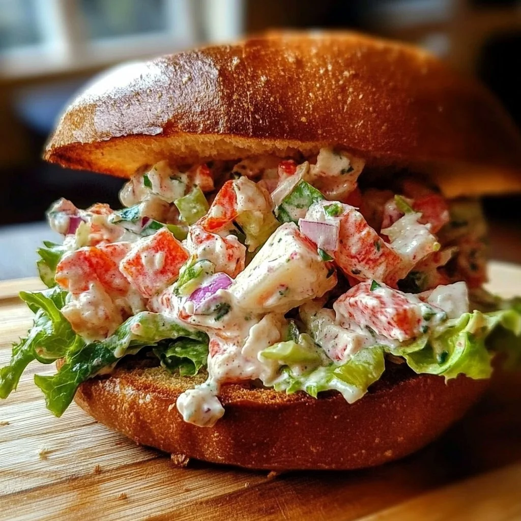 Delicious lobster salad sandwich with fresh ingredients served on a crusty roll.