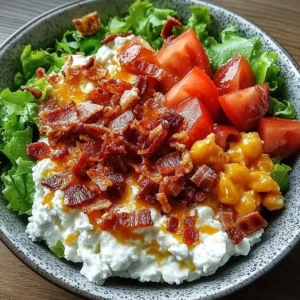 Low Carb BLT Cottage Cheese Bowl with fresh tomatoes, lettuce, and bacon.
