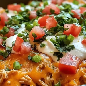 Low carb chicken taco casserole in a baking dish topped with cheese and cilantro