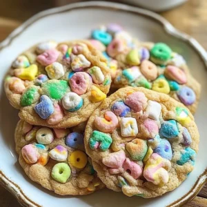 Plate of colorful Lucky Charms Cookies with marshmallows and chocolate chips