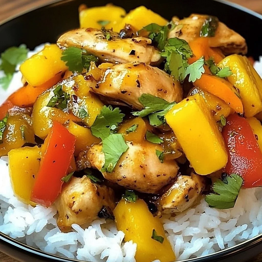 Delicious plate of mango chicken served with rice and garnished with herbs