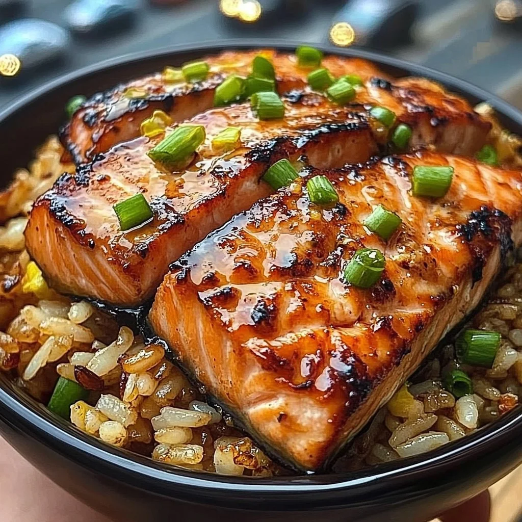 Maple Soy Salmon Strips served on a plate with fried rice and garnishes.