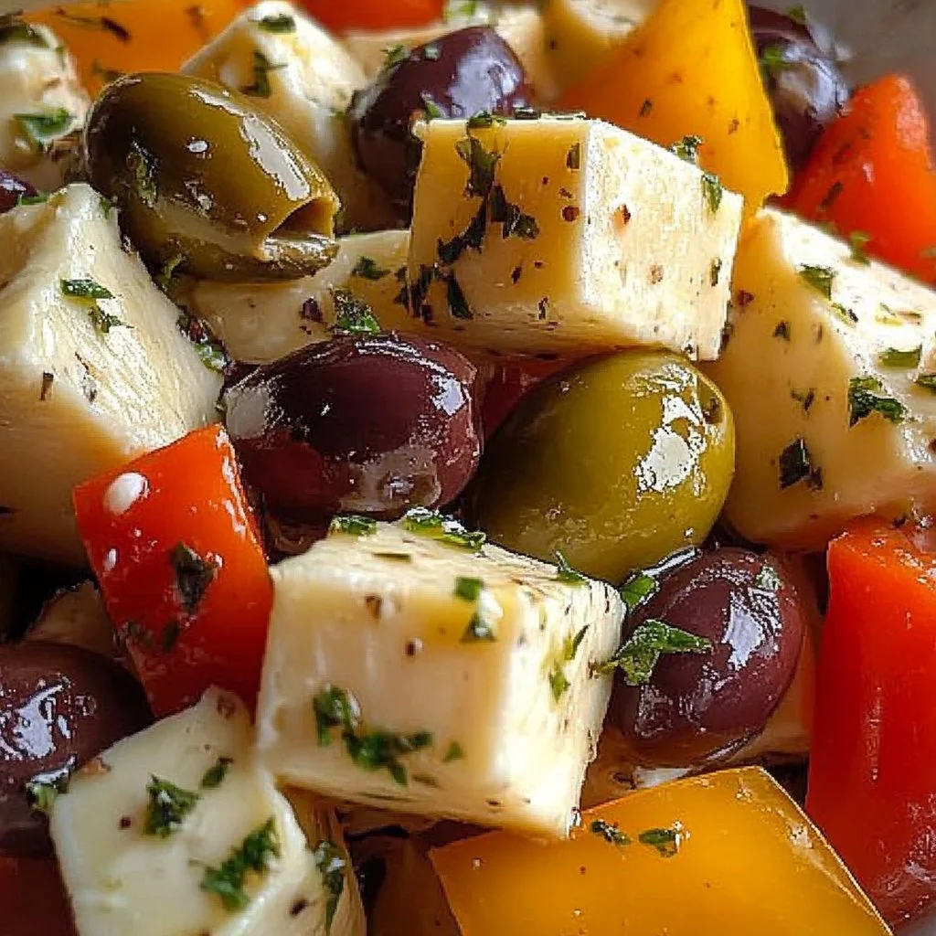 Delicious marinated cheese and olives platter for appetizer