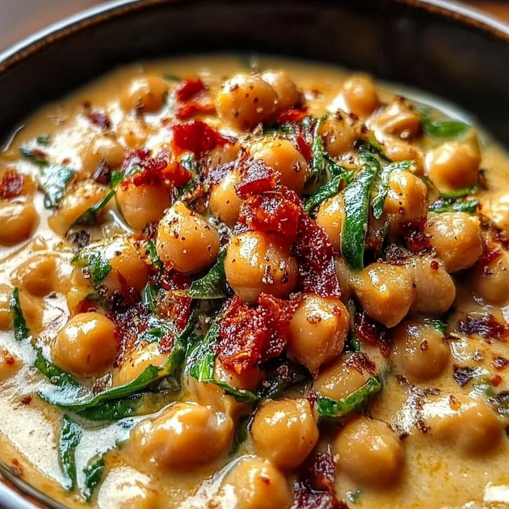 Bowl of Marry Me Creamy Chickpeas served with fresh herbs and spices