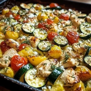 Delicious Mediterranean Chicken Zucchini Bake with fresh ingredients and vibrant colors.