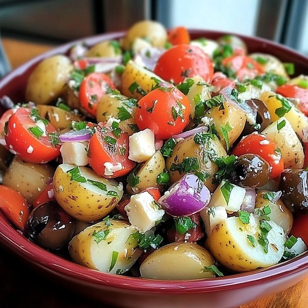 Delicious Mediterranean Potato Salad with fresh herbs and vegetables