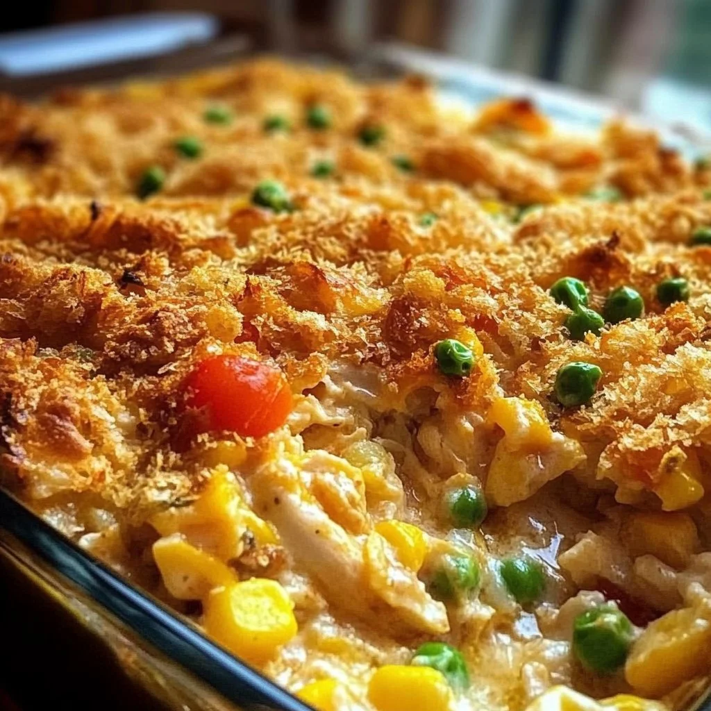 Delicious Million Dollar Chicken Casserole dish with creamy layers and toppings.