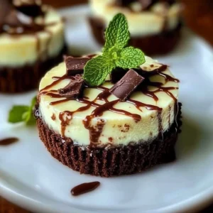 Mini Andes Mint Cheesecakes topped with chocolate mint garnish