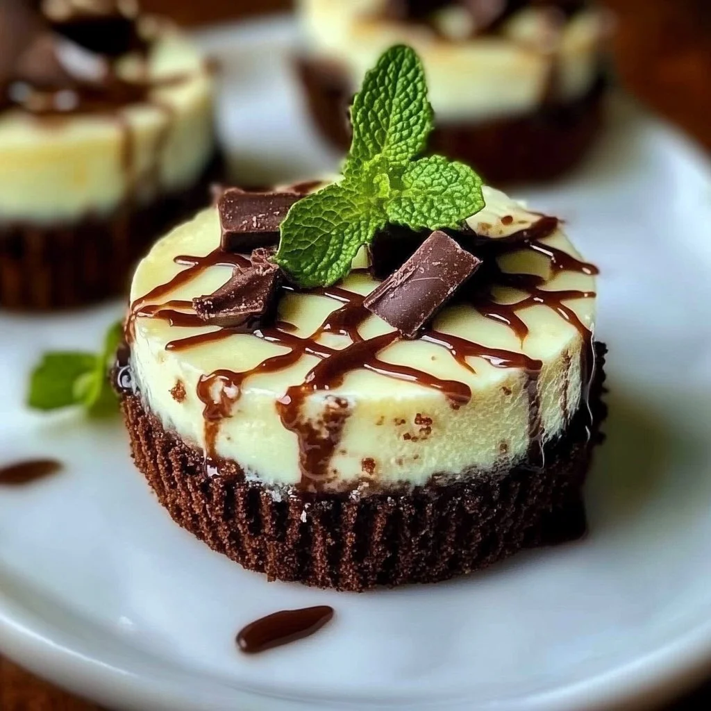 Mini Andes Mint Cheesecakes topped with chocolate mint garnish