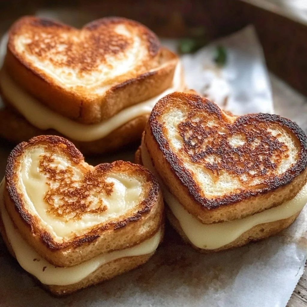 Mini grilled cheese hearts served on a plate, perfect for parties.