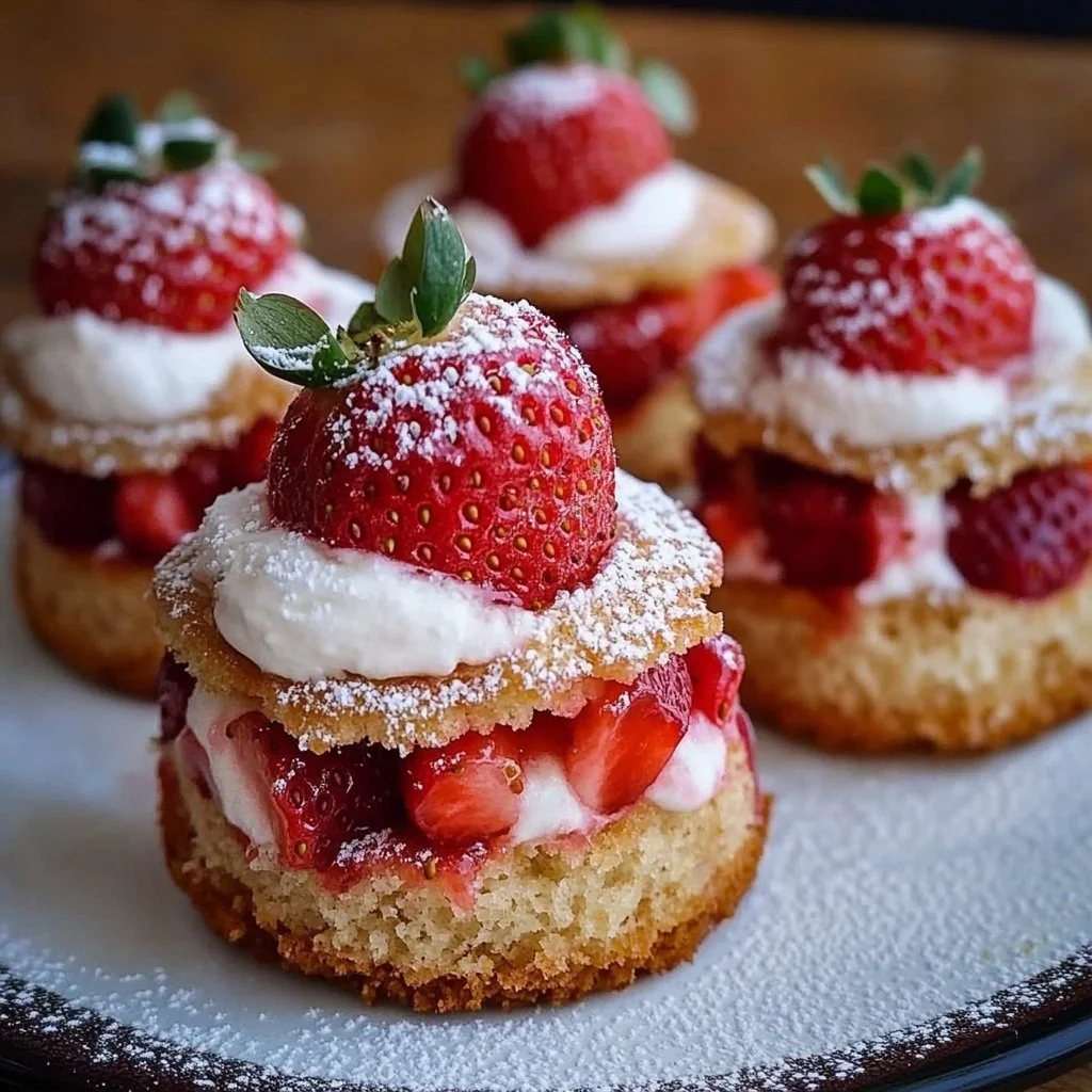 Mini strawberry cakes decorated with fresh strawberries and whipped cream.