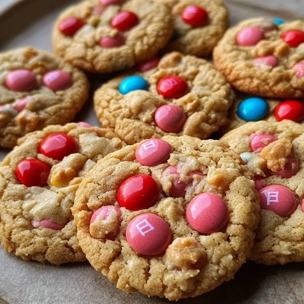 Delicious M&M cookies with colorful chocolate candies on a baking tray