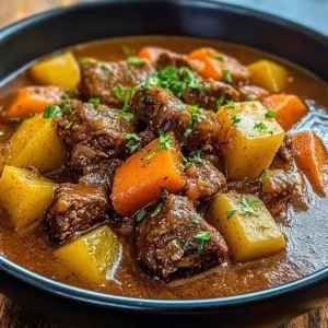 Bowl of moist Puerto Rican beef stew garnished with fresh herbs