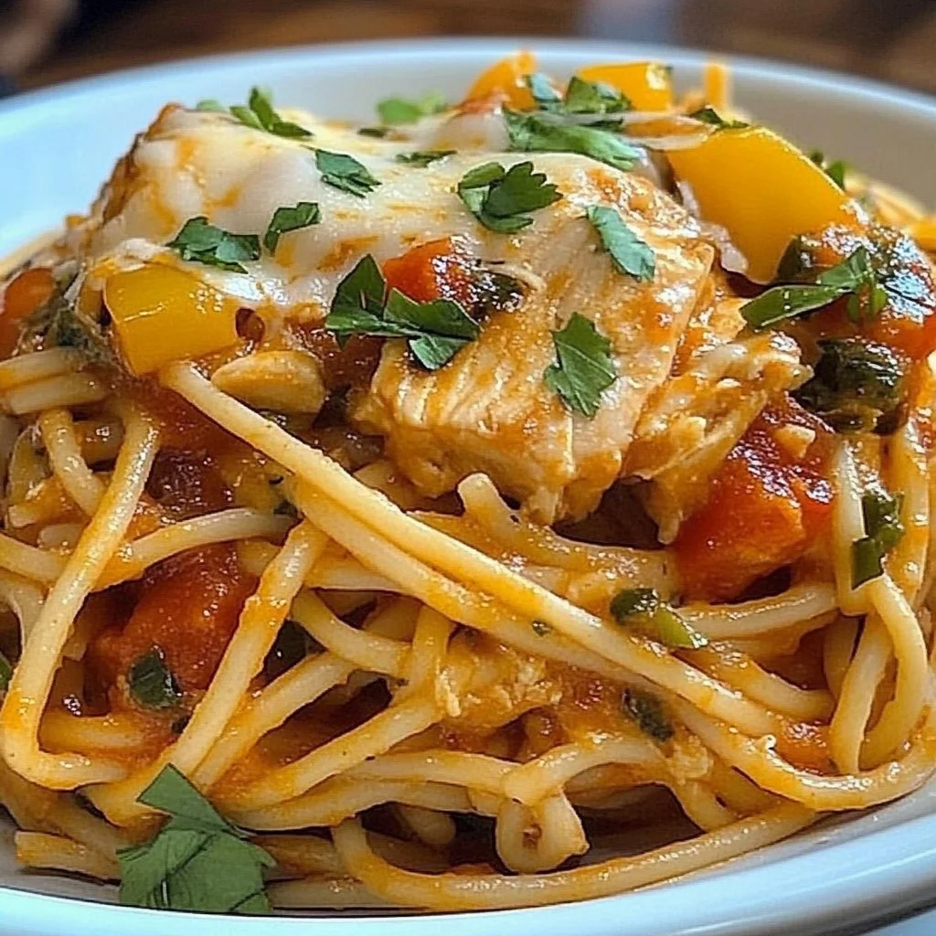 Plate of Monterey Chicken Spaghetti with vibrant toppings