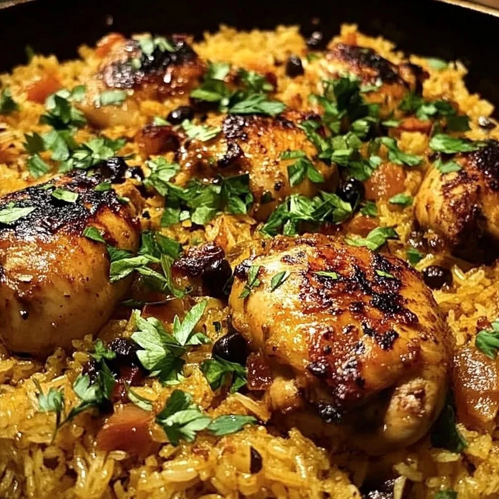 Delicious Moroccan Chicken served with flavorful rice and spices