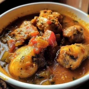 Bowl of flavorful Nigerian Chicken Stew served with rice and vegetables.