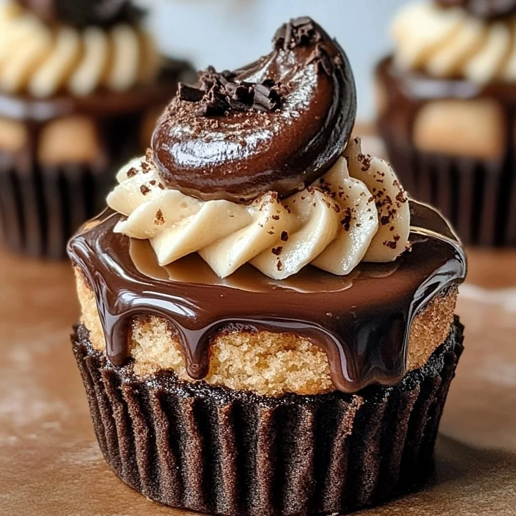 Nutella cheesecake cupcakes topped with chocolate drizzle and hazelnuts