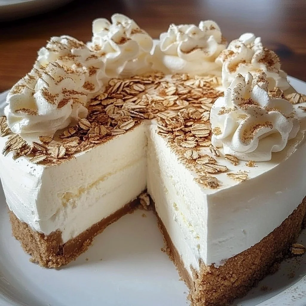 Delicious Oatmeal Cream Pie Cheesecake topped with whipped cream and cookie crumbles.