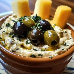 Delicious Olive Lovers Dip served with crusty bread and fresh vegetables