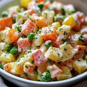 Delicious Olivier Salad topped with vibrant ingredients for a family meal