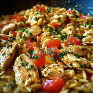 Delicious One Pot Chicken Orzo garnished with fresh herbs and vegetables.