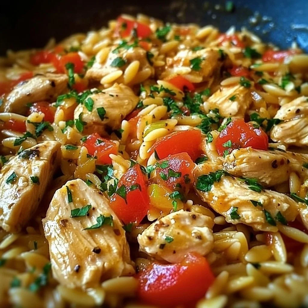 Delicious One Pot Chicken Orzo garnished with fresh herbs and vegetables.
