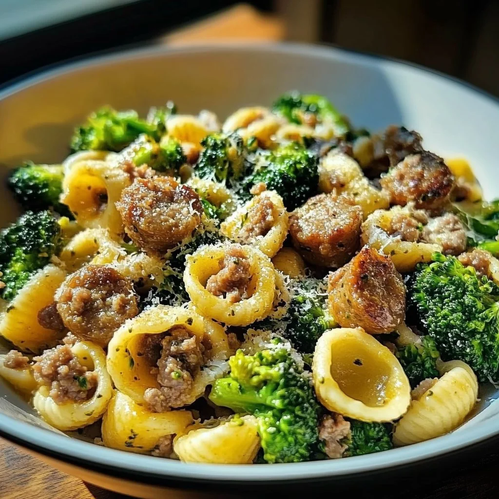 Bowl of orecchiette with sausage and broccoli, a comforting pasta dish.