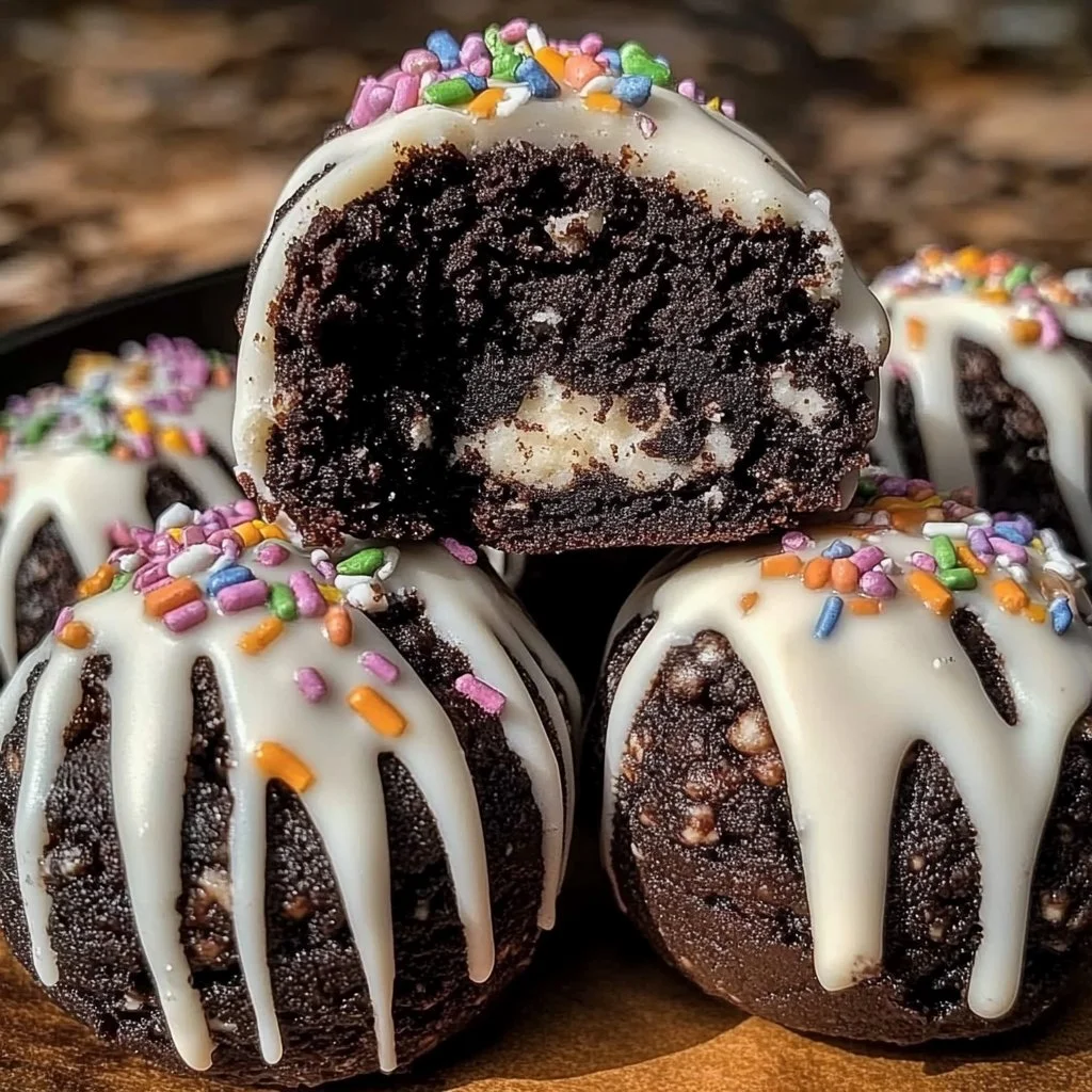 Delicious homemade Oreo Balls topped with chocolate and sprinkles.
