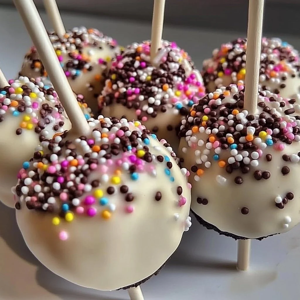 Delicious Oreo Pops on sticks decorated with chocolate and sprinkles