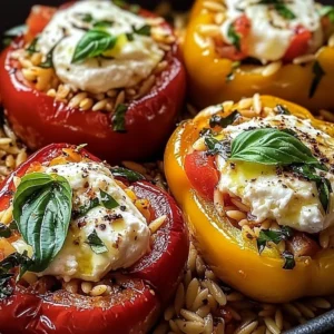 Orzo-stuffed peppers topped with burrata cheese on a plate.