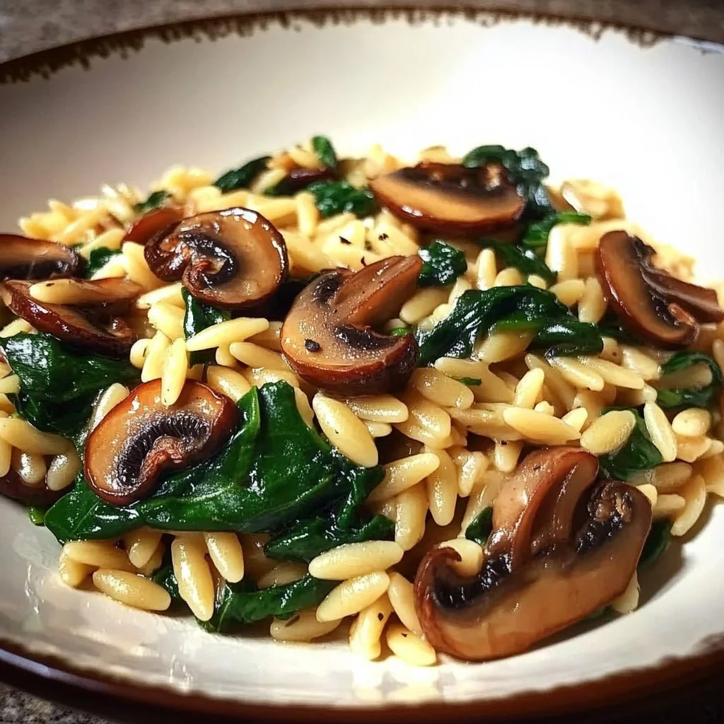 Delicious orzo with mushrooms and spinach served in a bowl