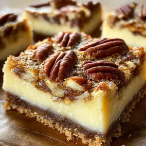 Delicious pecan pie cheesecake bars with a creamy filling and crispy nuts