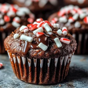 Peppermint hot chocolate muffins topped with festive chocolate drizzle