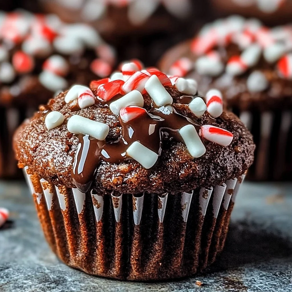 Peppermint hot chocolate muffins topped with festive chocolate drizzle