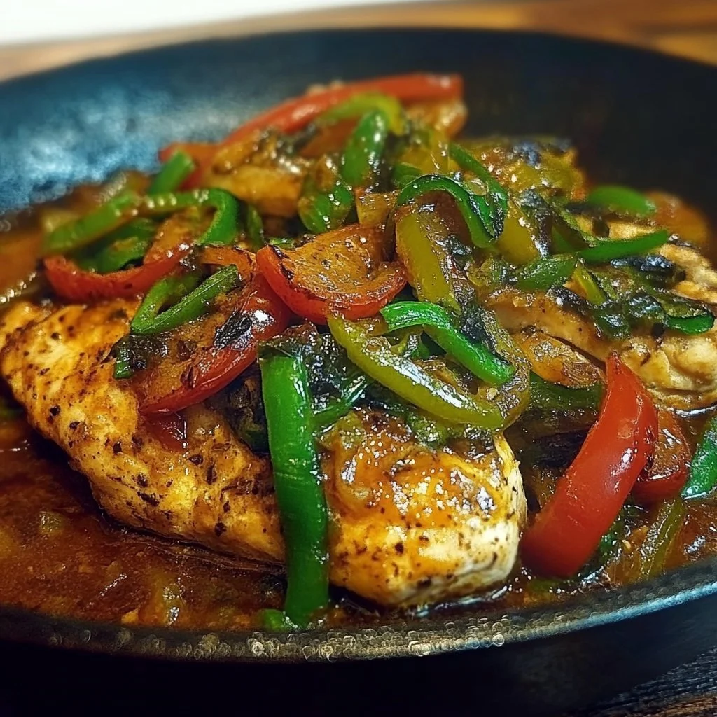 Pepperoncini Chicken Skillet with vibrant peppers in a cast-iron skillet