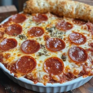 Delicious Pepperoni Pizza Dip served in a bowl, garnished with herbs.