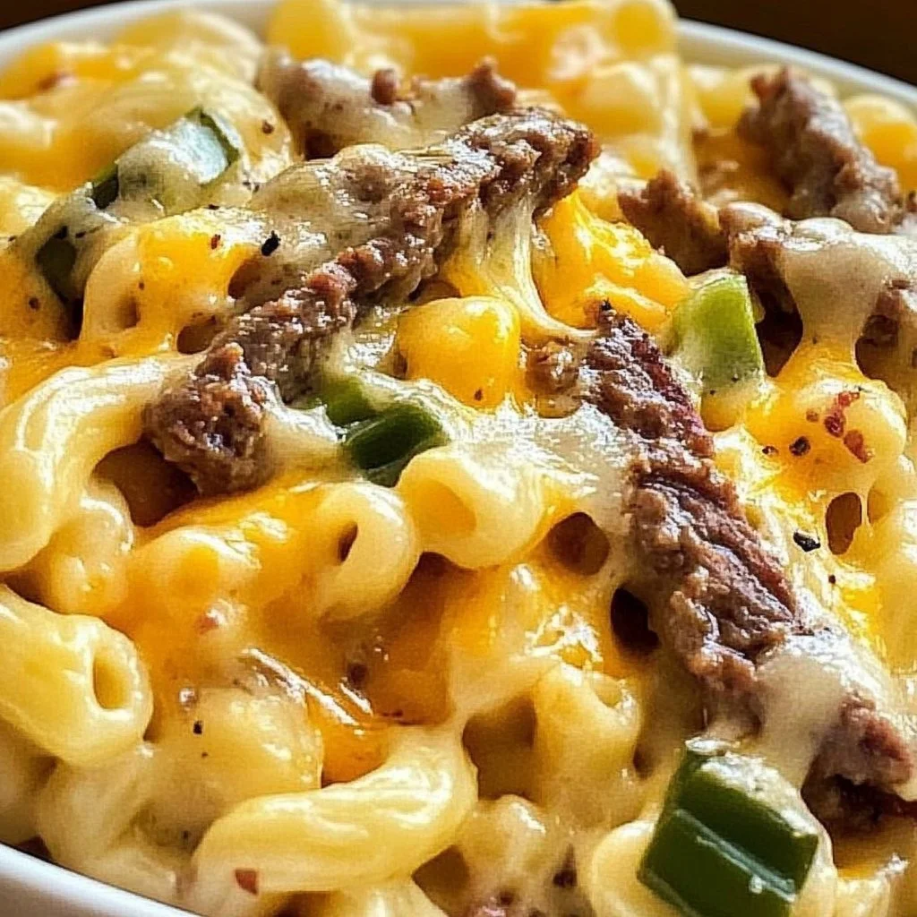 Bowl of creamy Philly Cheesesteak Mac and Cheese with bold ingredients