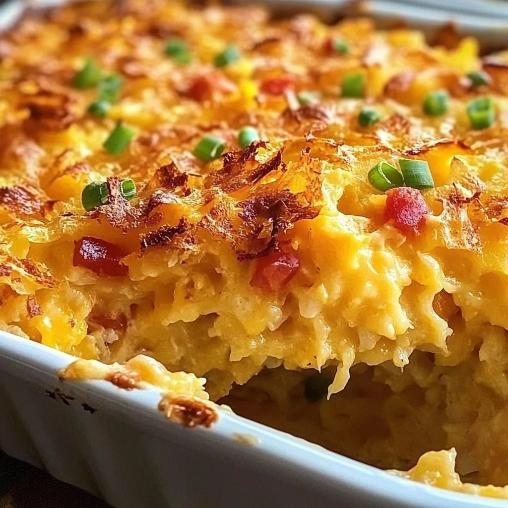 Creamy Pimento Cheese Hash Brown Casserole baked to perfection with crispy edges
