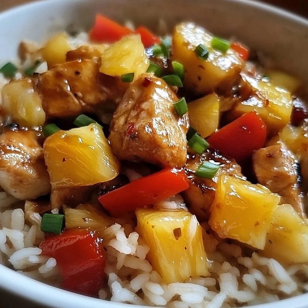 Bowl of Pineapple Chicken served with rice and colorful vegetables