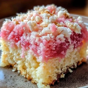 Delicious Pink Coconut Snowball Cake Bars topped with coconut flakes
