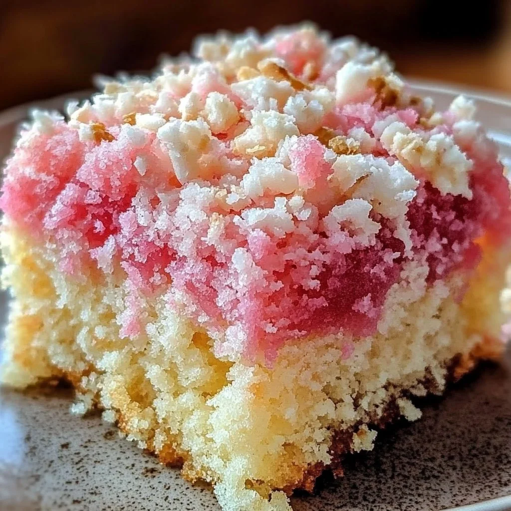 Delicious Pink Coconut Snowball Cake Bars topped with coconut flakes