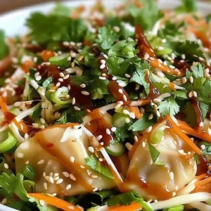 Colorful Potsticker Salad with vibrant vegetables and savory dumplings.