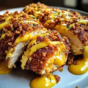 Pretzel Chicken with Mustard Cheddar sauce and crispy pretzel coating