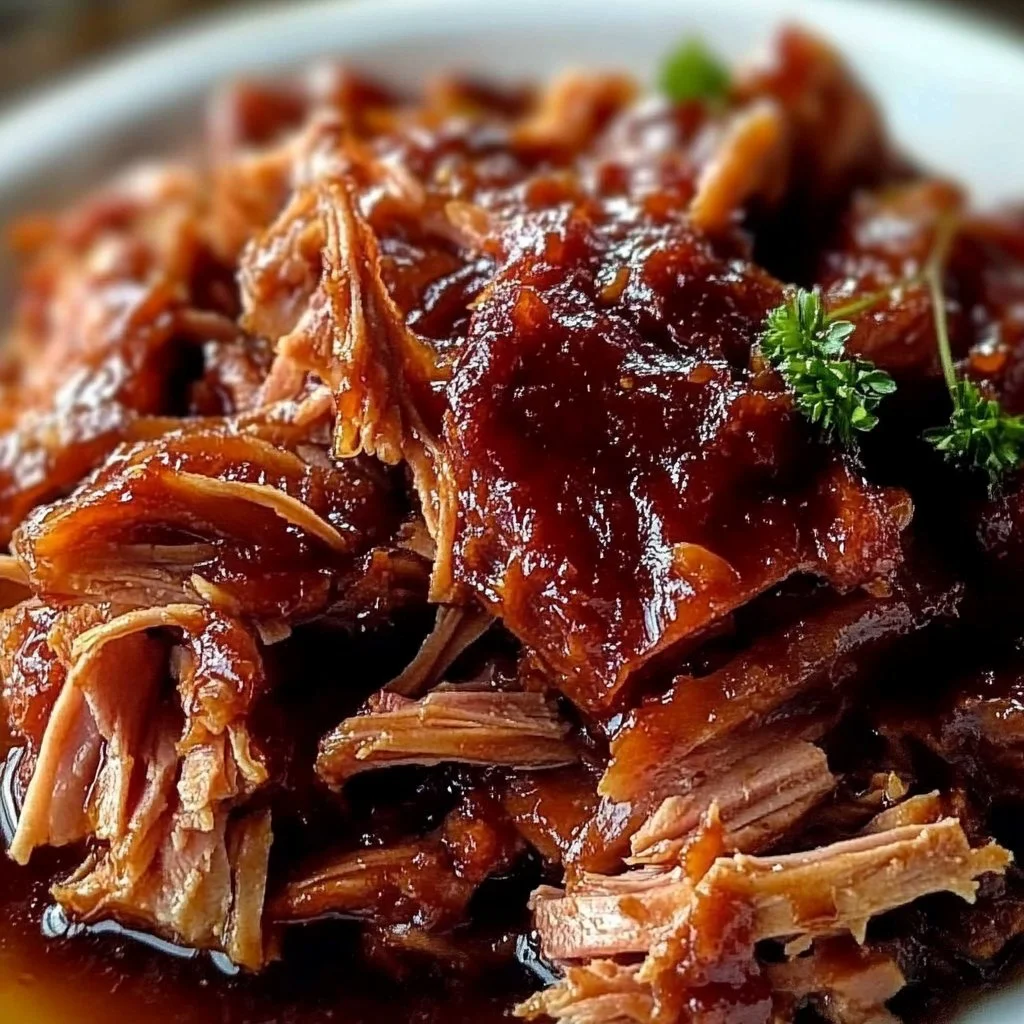 Succulent pulled ham served on a plate with herbs and spices.