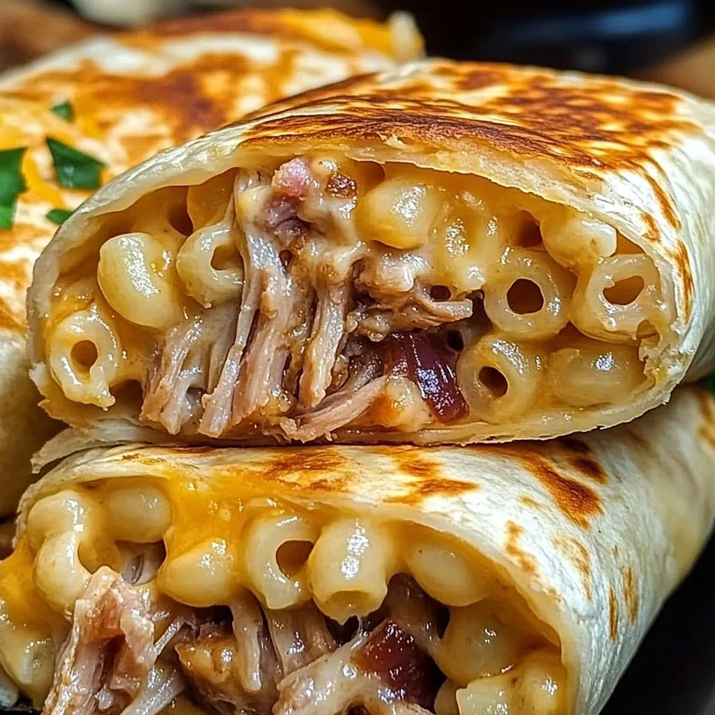 Pulled pork mac & cheese wraps served on a plate, garnished with herbs.