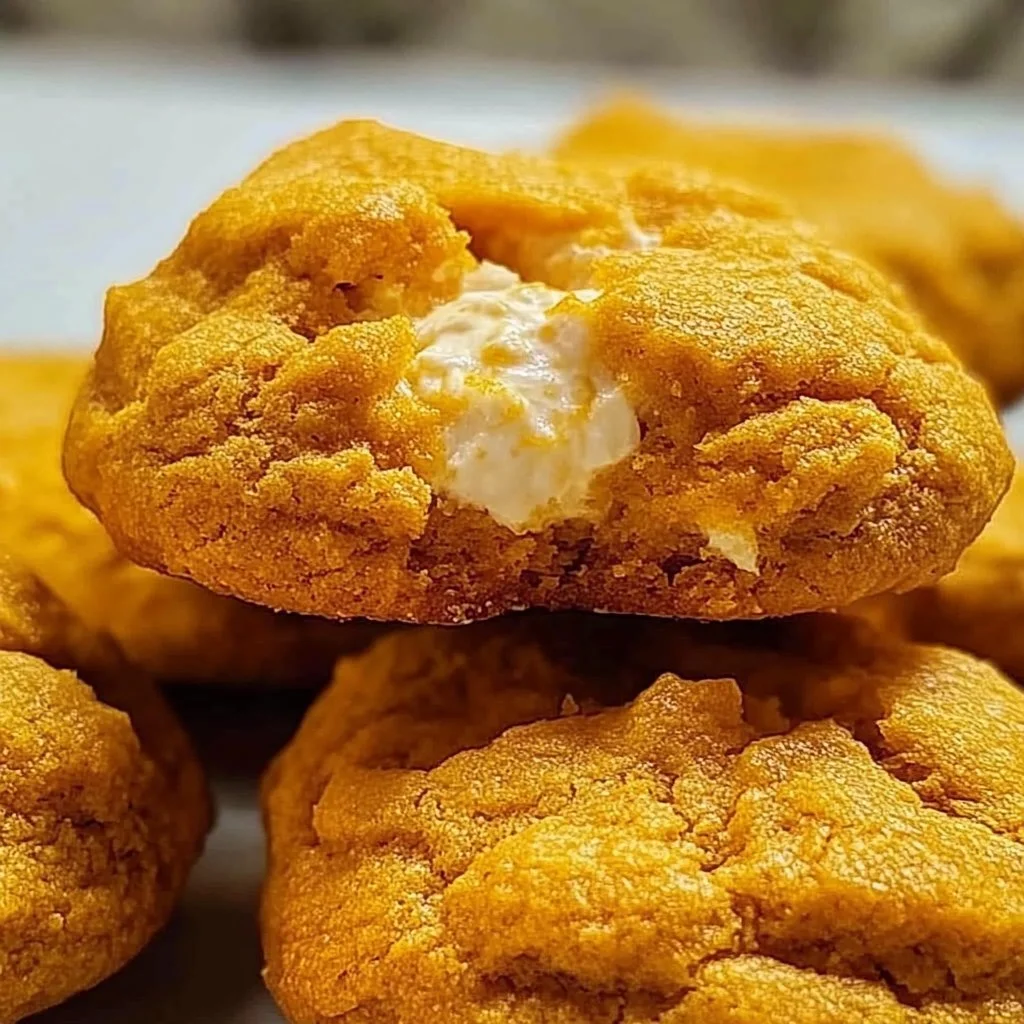 Pumpkin Cheesecake Cookies topped with cream and spices on a plate