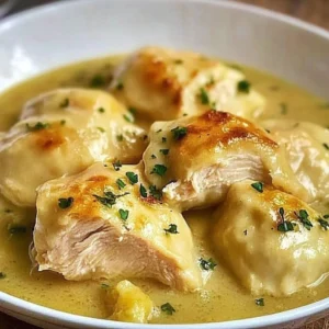 Plate of quick chicken and dumplings served with herbs.